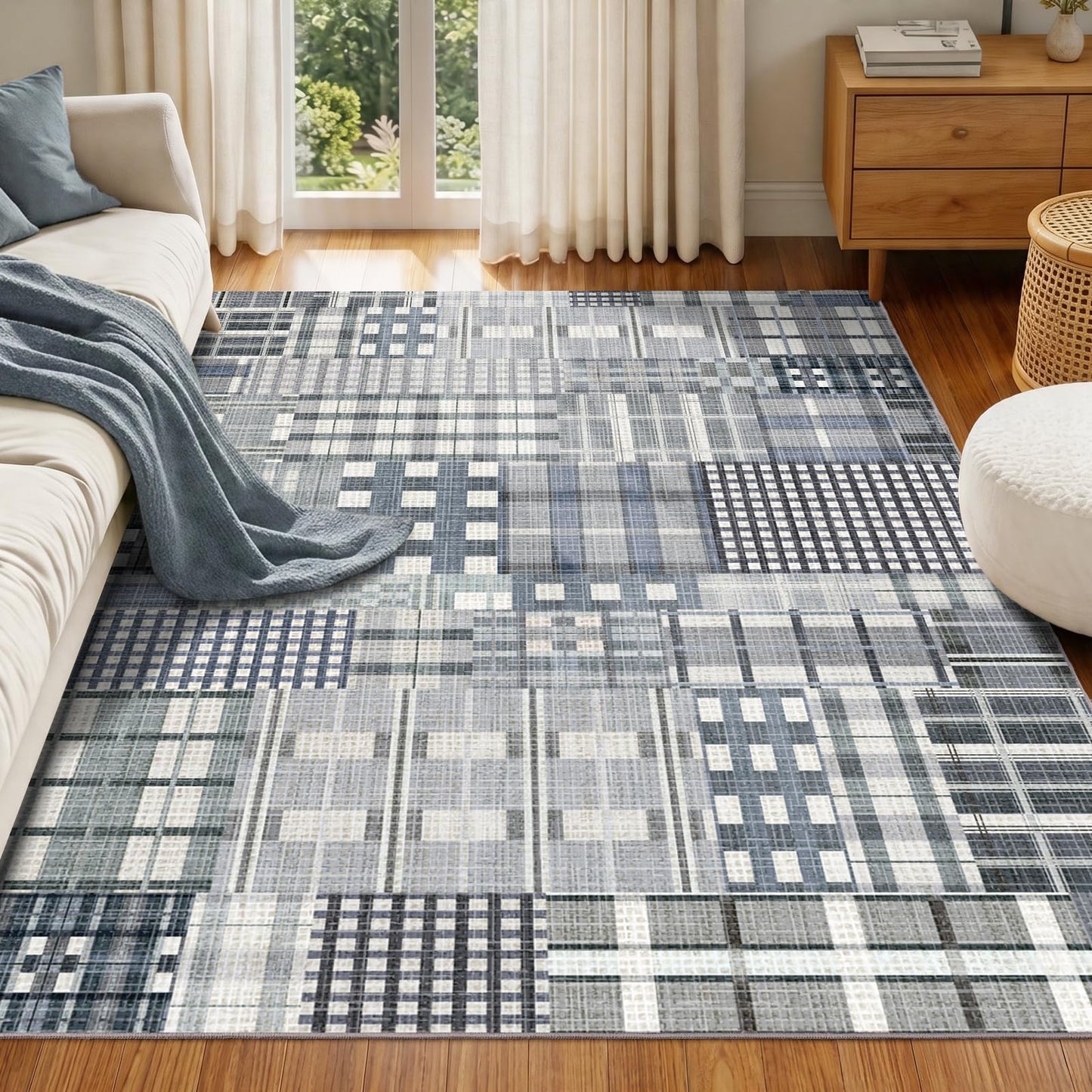 Rezutan Modern Geometric Plaid Indoor Area Rug for Living Room, Blue Gray Distressed 4X 6 Ft Large Rug Hardwood Floors Decor for Bedroom, Throw Carpet for Office Dining Room