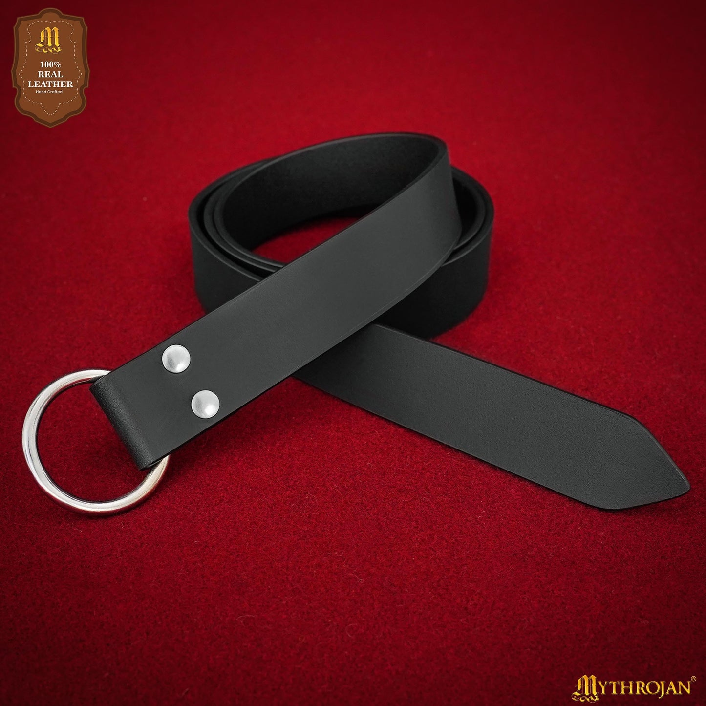 Mythrojan Medieval O Ring Belt Viking Leather Belt with 100% Genuine Leather for Medieval Events, LARP, Renaissance, Ren Faire, Costume Parties - Black, 60 Inches