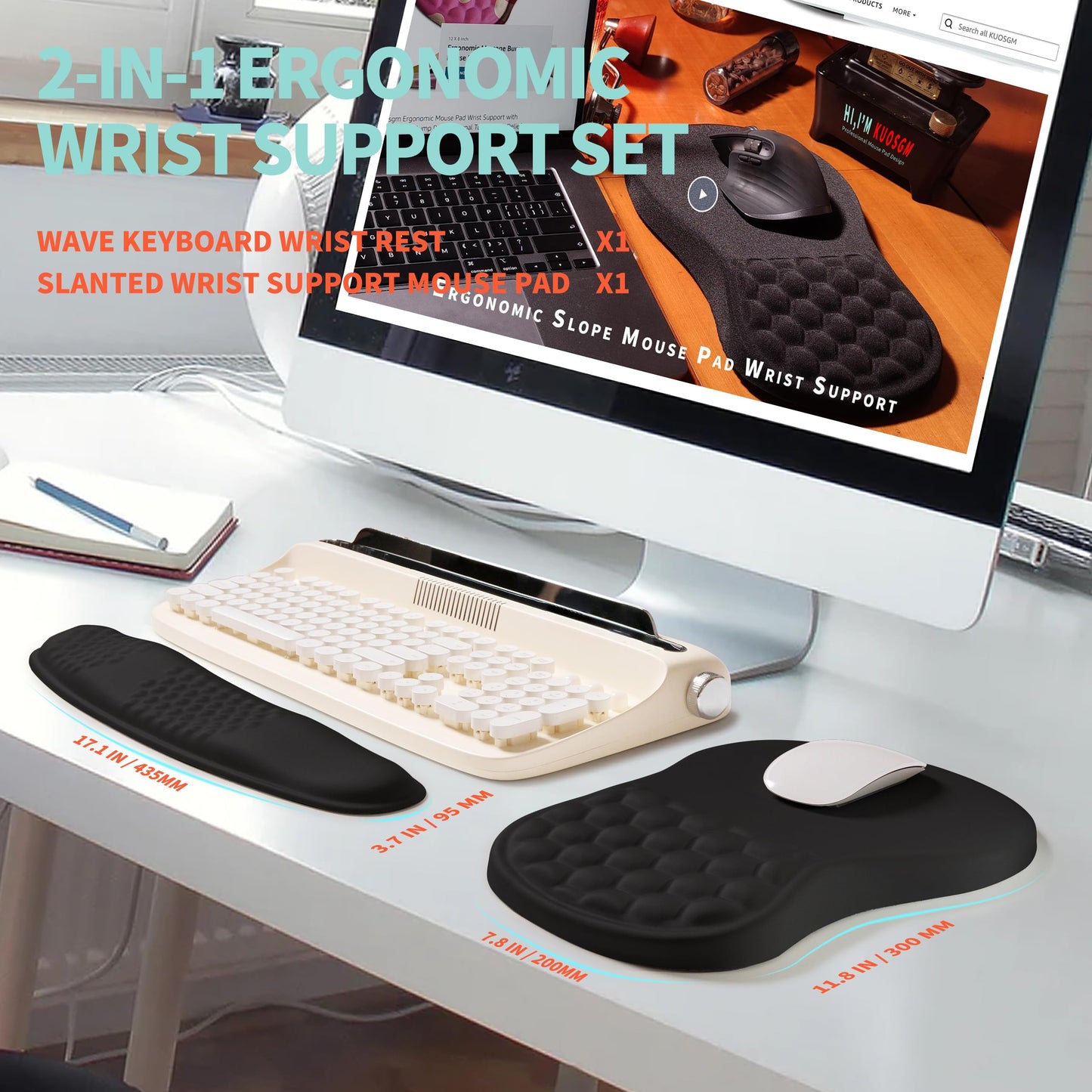 KUOSGM 2-in-1 Ergonomic Set, Wave Rise Keyboard Wrist Rest and Massage Bulge Slope Mouse Pad Wrist Support, Cushion Memory Foam Integrated to Relieve Wrist Pain, Black