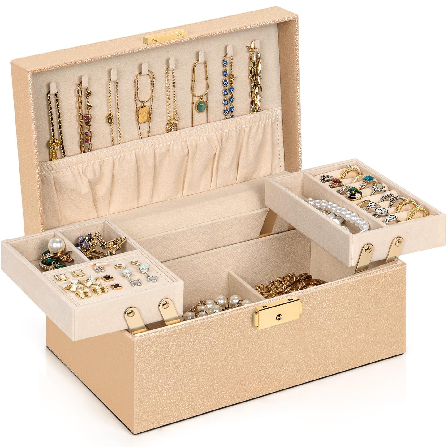AKOZLIN Travel Jewelry Box Organizer Functional 2-trays Leather Jewelry Storage Case with Lockable Portable for Women Girls Ring Necklace Earring Bracelet Champagne