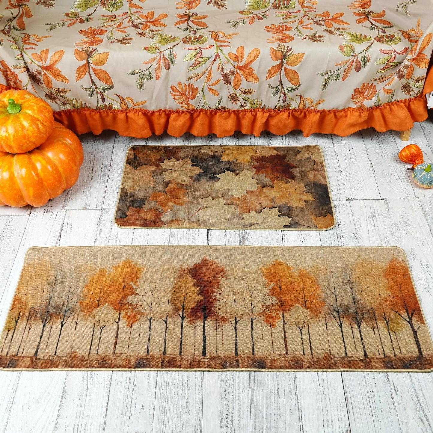 ONWAY Fall Kitchen Mats Set of 2 17x29 and 17x47 Inch Low-Profile Autumn Kitchen Rugs with Leaves Trees Non Slip Washable Mats for Sink Entryway Home Decor Thanksgiving Seasonal Floor Mat