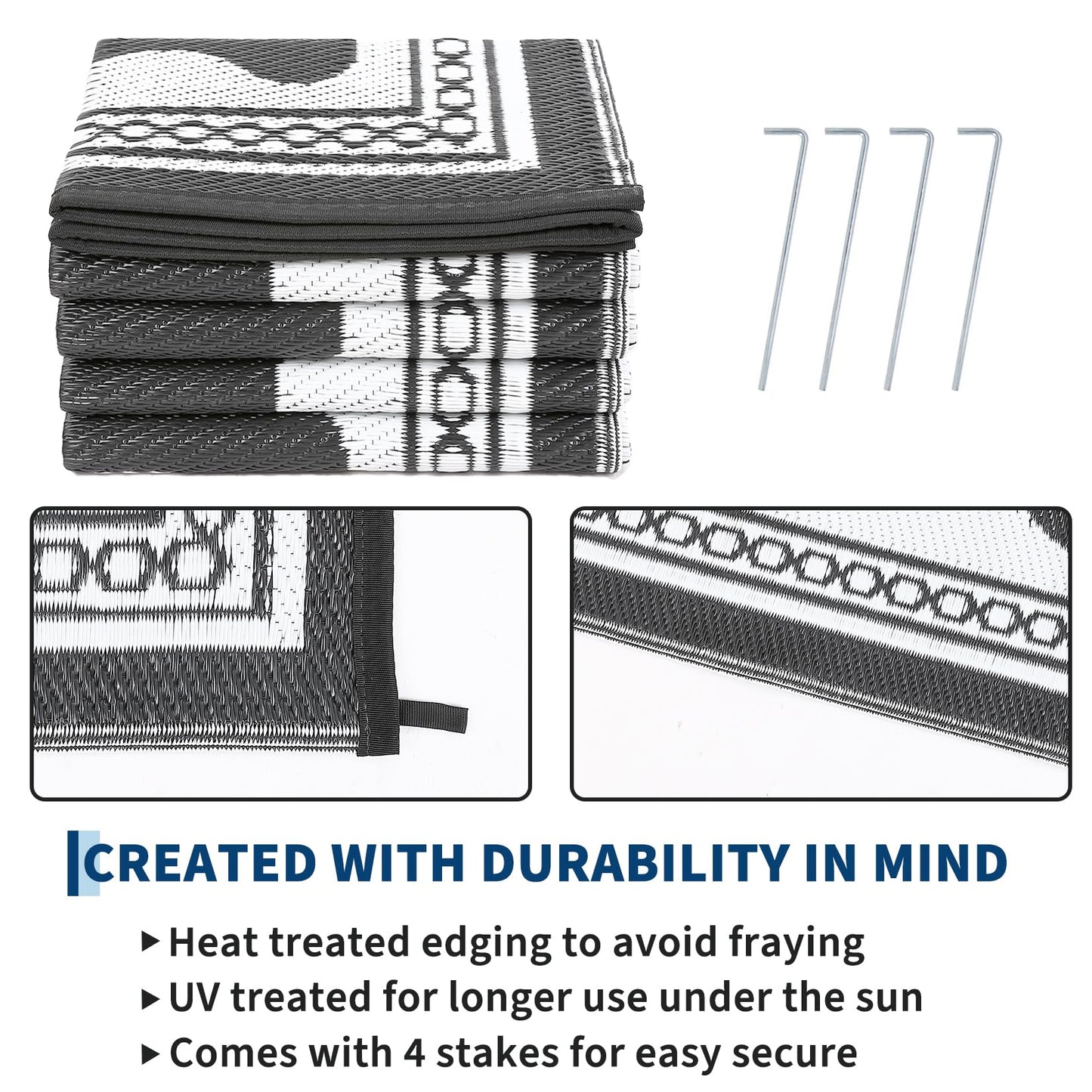 GarveeHome Outdoor Rug 10x14 Patio Waterproof, Reversible Plastic Straw Rugs for Camping, Picnic, Balcony, Porch, RV, Easy-Clean & Quick Dry Scalloped Pattern Large Indoor Outdoor Carpet, Grey