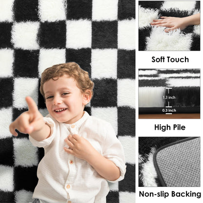 KICMOR Rugs for Living Room, 5x8 Area Rug Black and White Fluffy Shag Soft Checkered Rug Large Fuzzy Plush Furry Shaggy Carpet for Bedroom, Kids Boys Girls Teen Dorm Nursery Home Decor Aesthetic