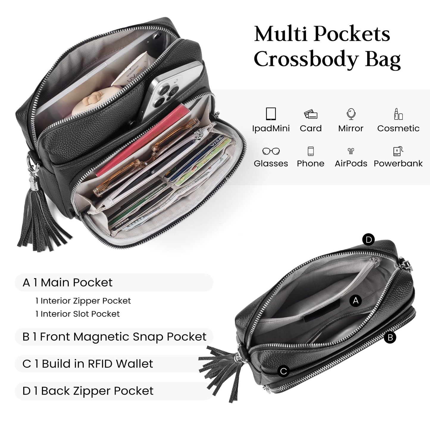 befen Black Genuine Leather Crossbody Bags for Women, Woman Anti-Theft Cross Body Shoulder Purse with Built in RFID Wallet