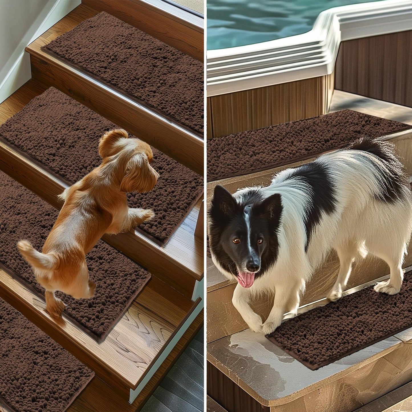 Muddy Mat® Pack of 12 - Soft Chenille Stair Treads Non-Slip Reusable, Super Absorbent Stair Treads for Wooden Steps, Tile & Marble Floor, Easy to Install & Machine Washable - Brown 30'' x 7''