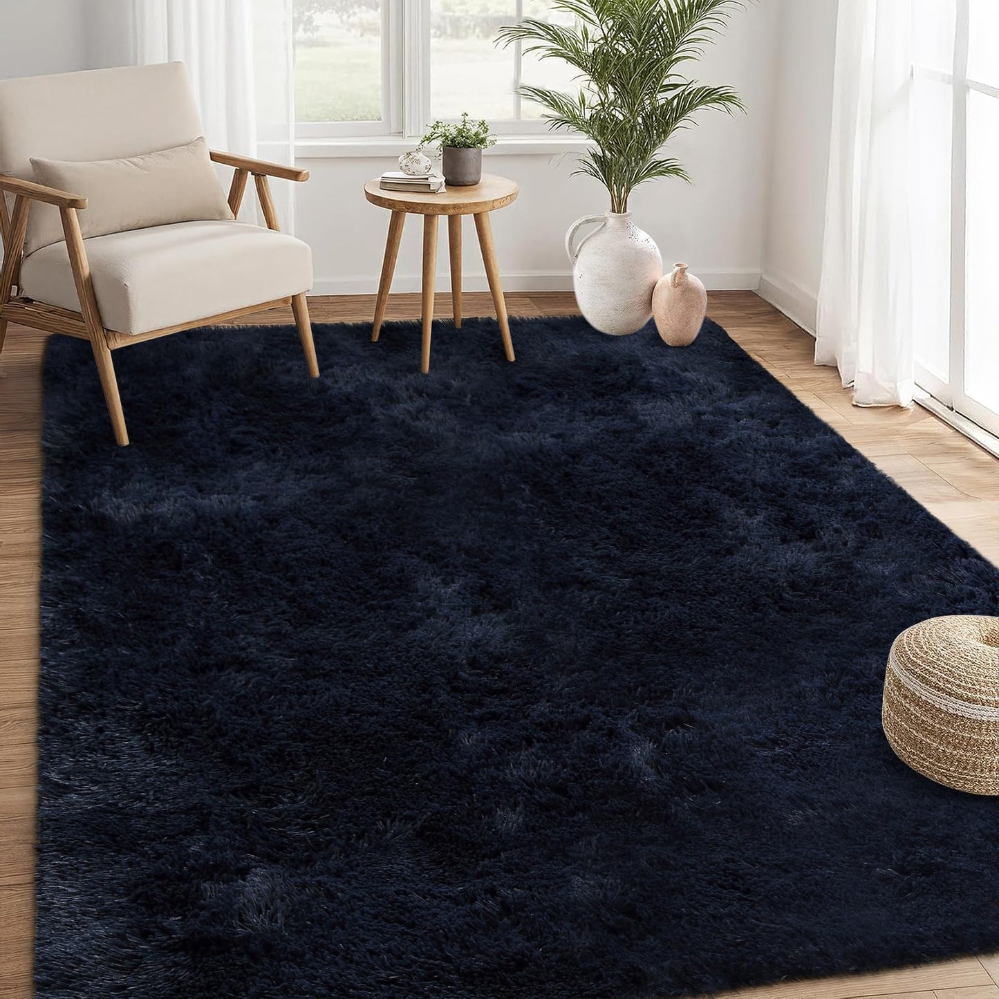 Garvee 8'x10' Oversized Fluffy Area Rug, Tie-Dye Luxury Shag Carpet for Living Room, Large Fuzzy Plush Rug for Basement & Family Room, Non-Slip, Bedroom Decor, Dark Navy