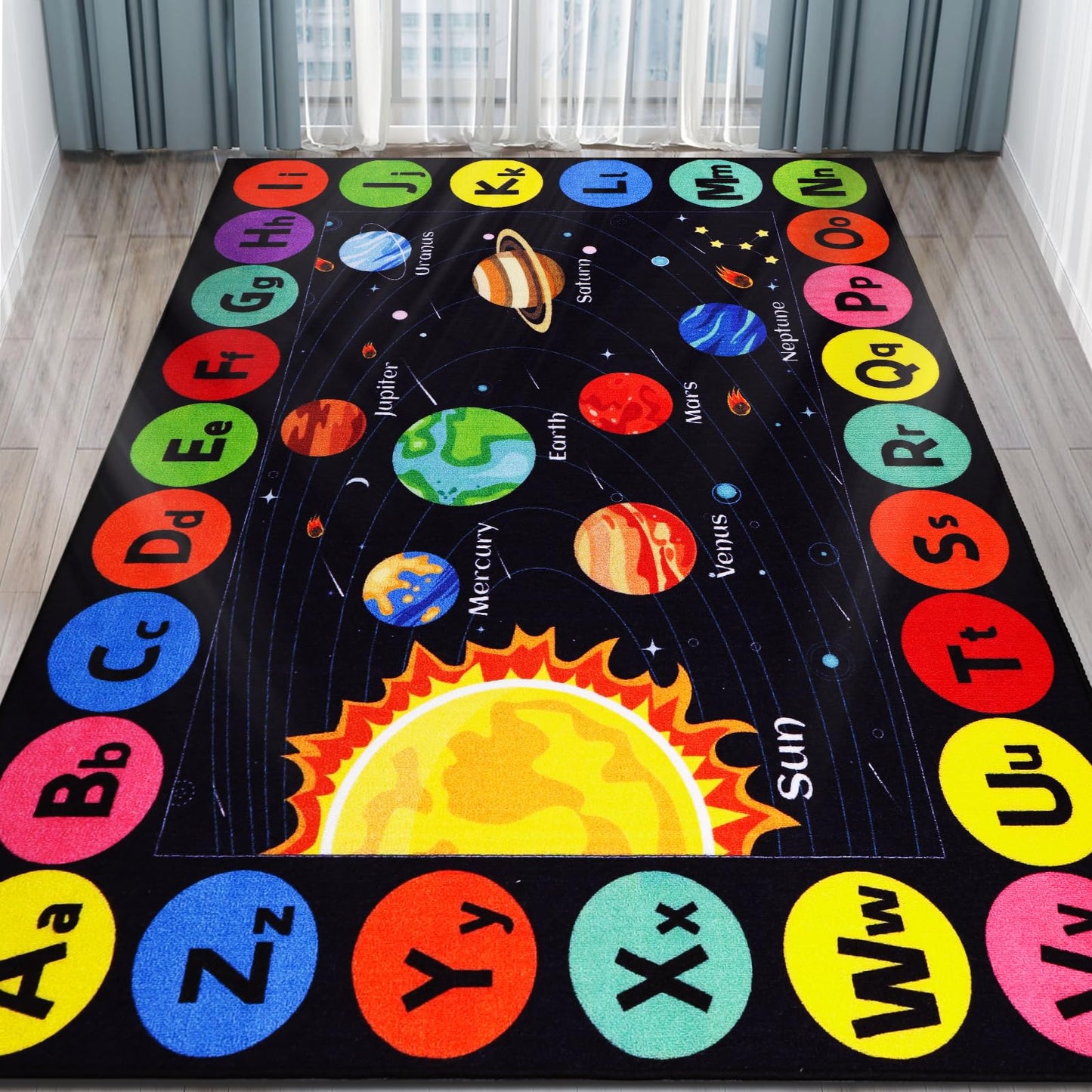 AKASISRUG Kids Rug Outer Space Carpet for Playroom, ABC Educational Learning Area Rug, Non-Slip Solar System Road Play Play Rug for Kids Bedrooms, Classroom, Room Decor (Black, 78.7X59 INCH)