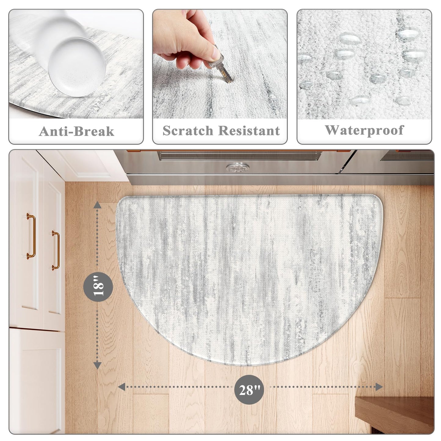 KIMODE Anti Fatigue Kitchen Mats for Floor, Abstract Half Moon Kitchen Rug 18"x28", Grey Ergonomic Standing Desk Mat, Memory Foam Kitchen Floor Mats for Laundry Office Sink