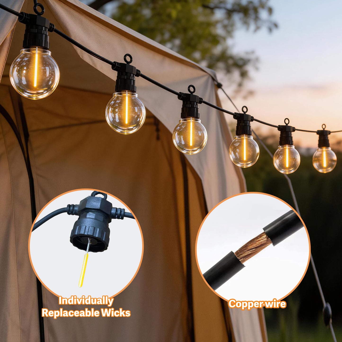 BYIZO 31FT Solar Outdoor String Lights with 12 LED Bulbs, IP65 Waterproof, Remote Control & Dual Solar-USB Charging for Patio, Garden, Backyard & Party