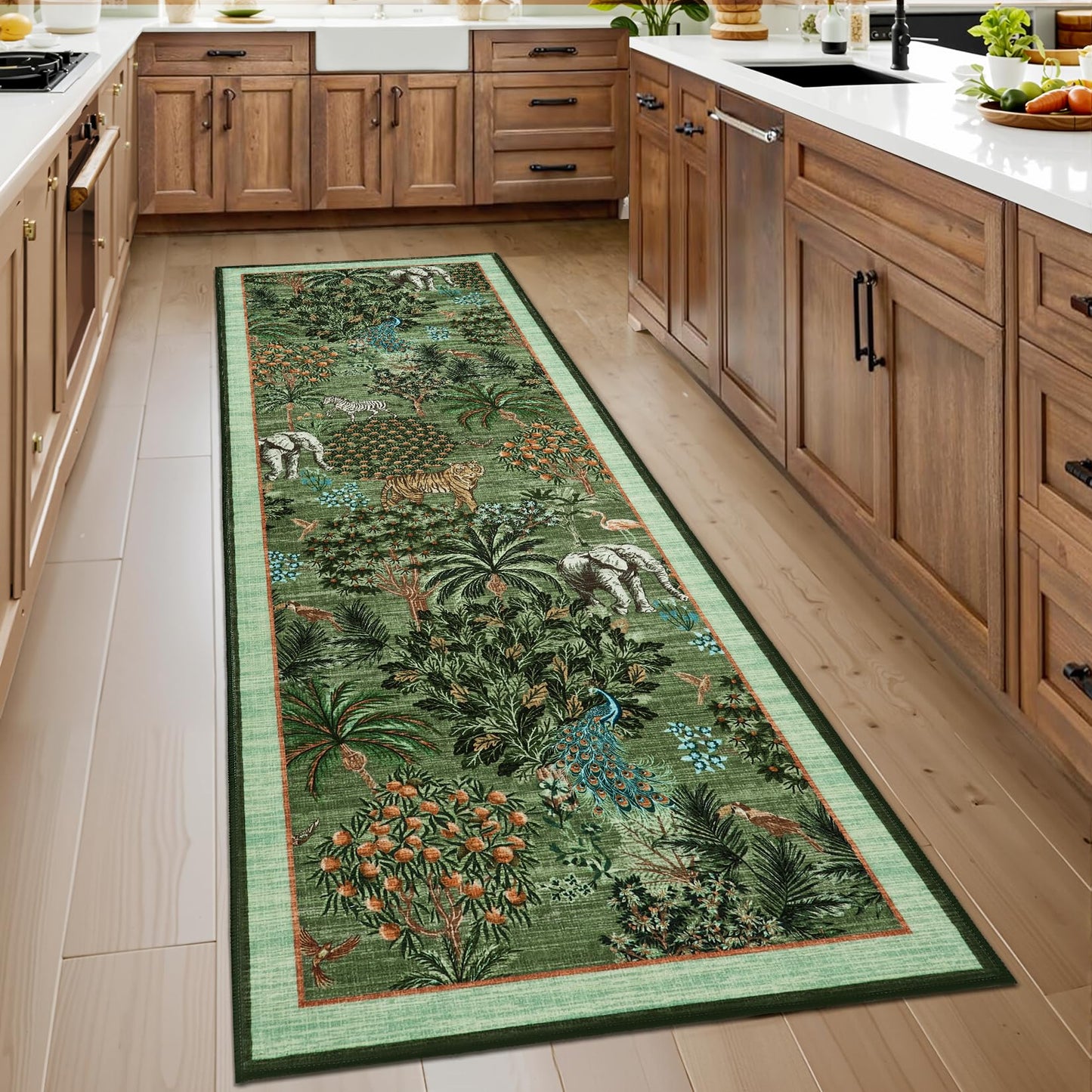 GarveeHome Jungle Rug 2x6 Kitchen Runner Rug Non Slip Washable Runners for Hallways, Animal Print Runner Rugs with Rubber Backing Soft Low-Pile Long Carpet for Bedroom Entryway Laundry, Forest Green