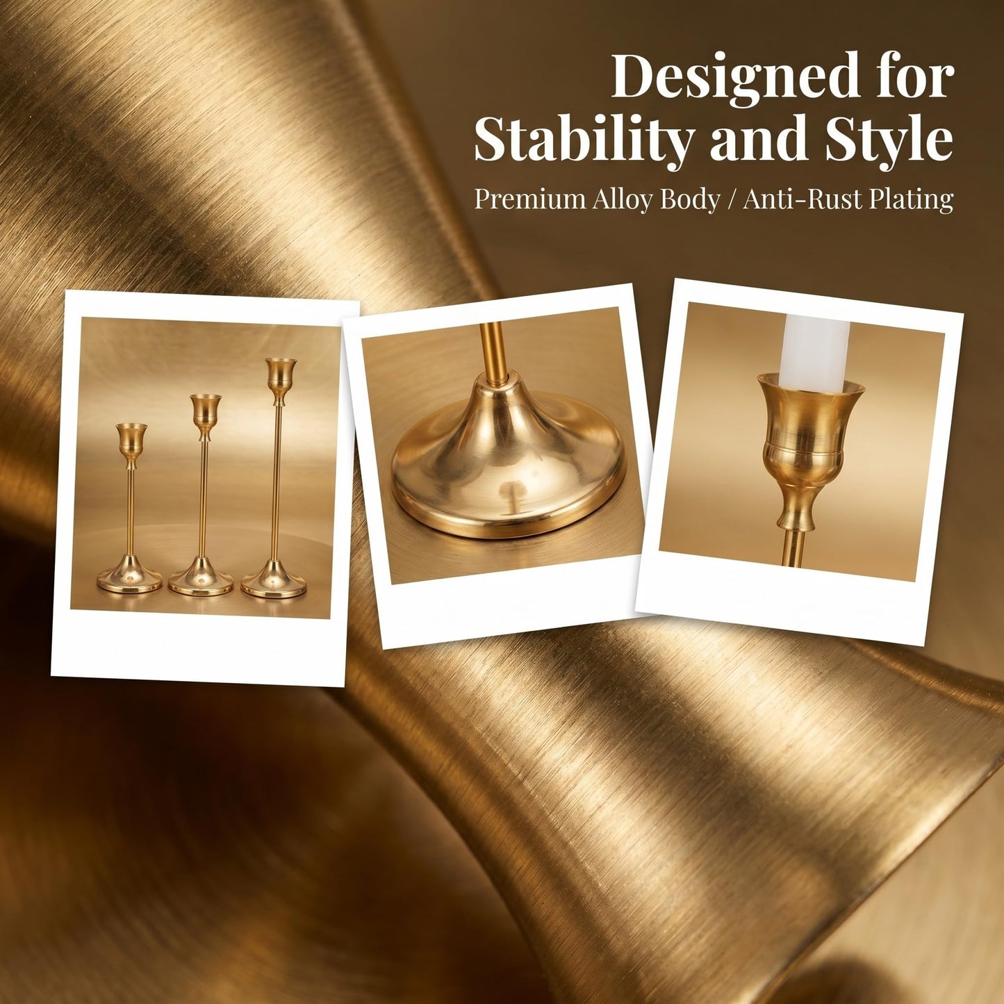 Oakernel Brass Taper Candle Holders 2 Sets(6 Pcs) - Tall Metal Candlestick Holders for Table Centerpiece, Formal Dinner, Wedding, Fireplace Mantel Decor, Fits 3/4 Inch Thick Candles