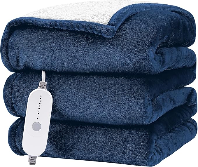 HYLEORY Heated Electric Blanket Throw 50"x60" Soft Fleece & Flannel with 5 Heating Levels & 3 Hours Timer Auto Shutt Off, ETL Certified, Washable，Heated Blanket for Body-Navy