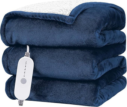 HYLEORY Heated Electric Blanket Throw 50"x60" Soft Fleece & Flannel with 5 Heating Levels & 3 Hours Timer Auto Shutt Off, ETL Certified, Washable，Heated Blanket for Body-Navy