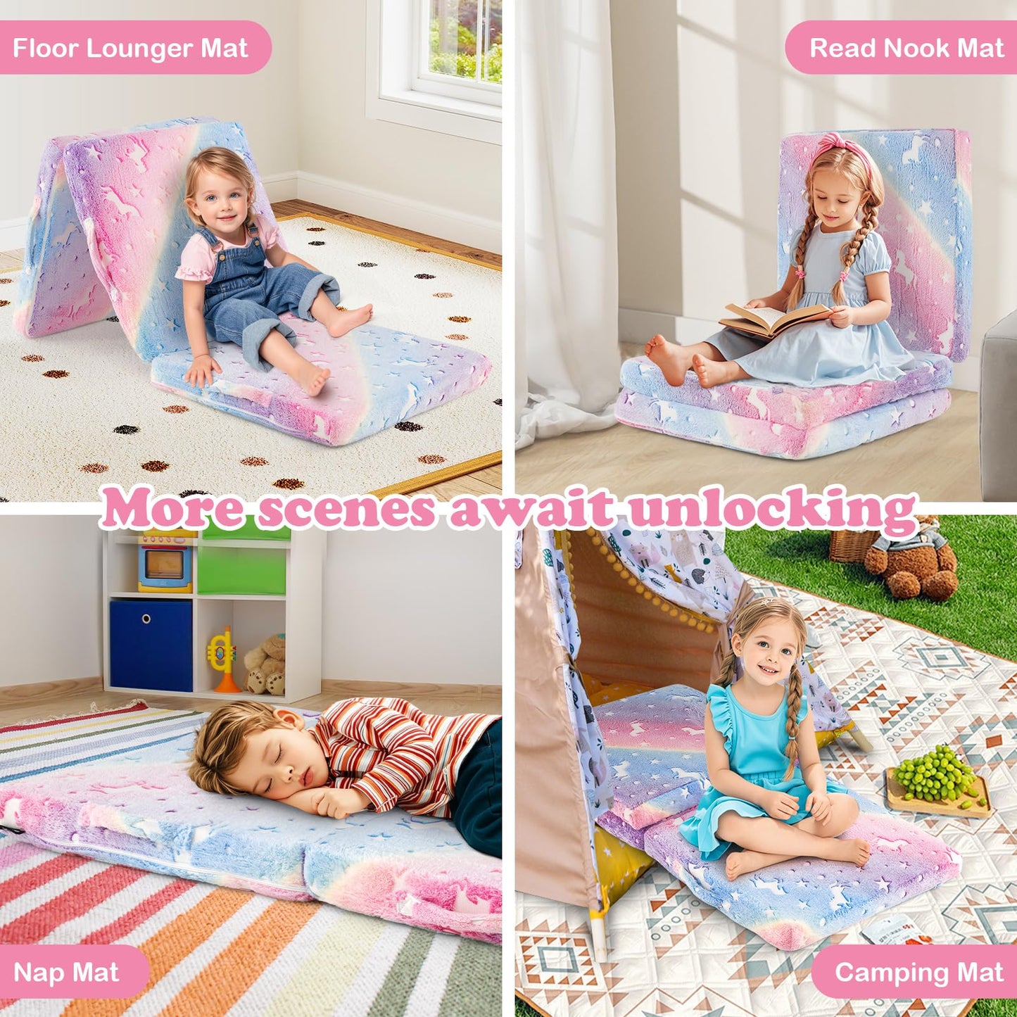 INFANS Foldable Floor Mattress for Kids, Glow in Dark Tri-Folding Nap Mat for Sleeping Daycare, Portable Foam Mattress Floor Futon Bed with Washable Cover, Storage Bag
