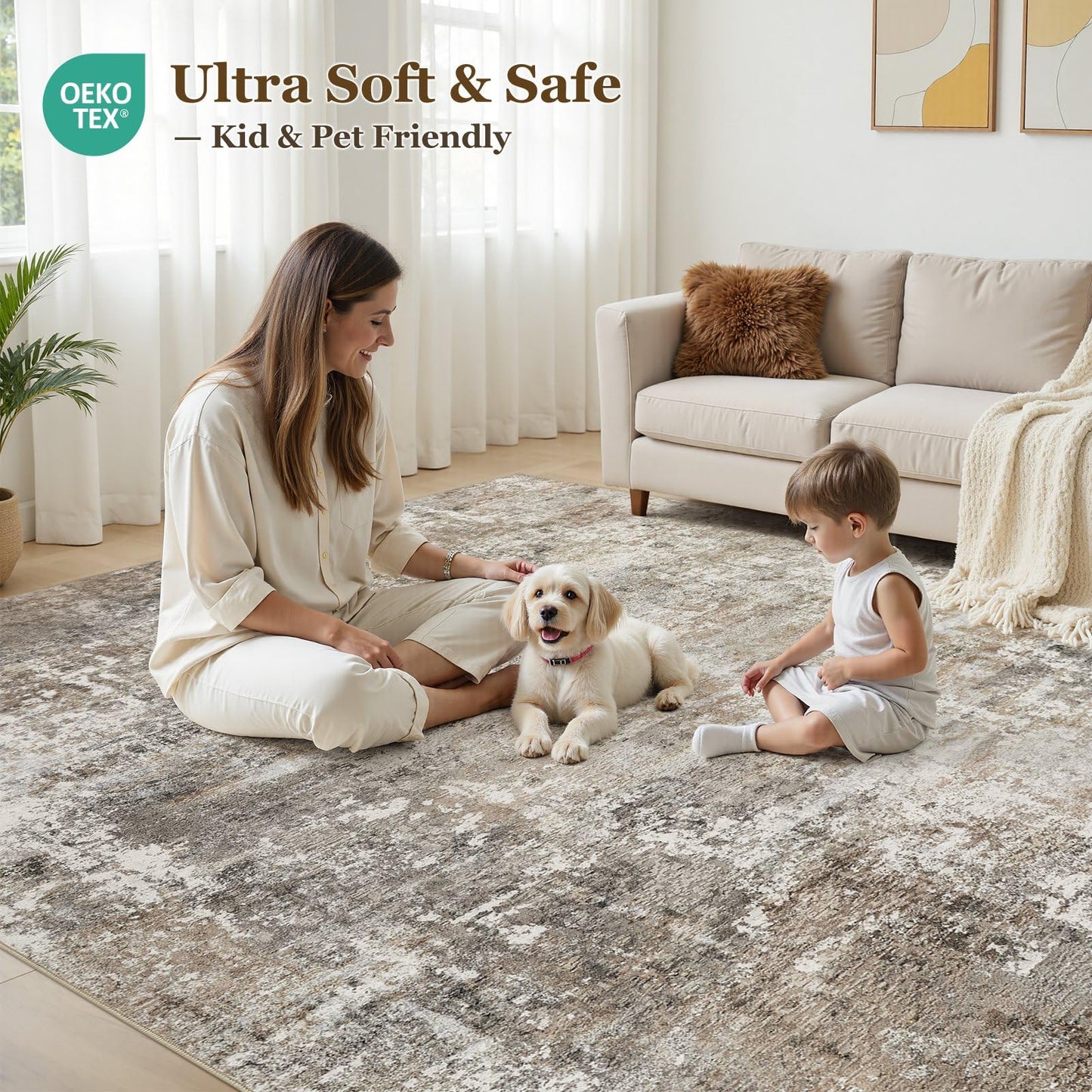 Jessibou Area Rugs 5x7 Living Room: Washable Large Abstract Modern Neutral Rugs Soft Non Slip Stain Resistant Low Pile Carpet for Bedroom Dining Nursery Home Office Room Home Decor - Brown Grey