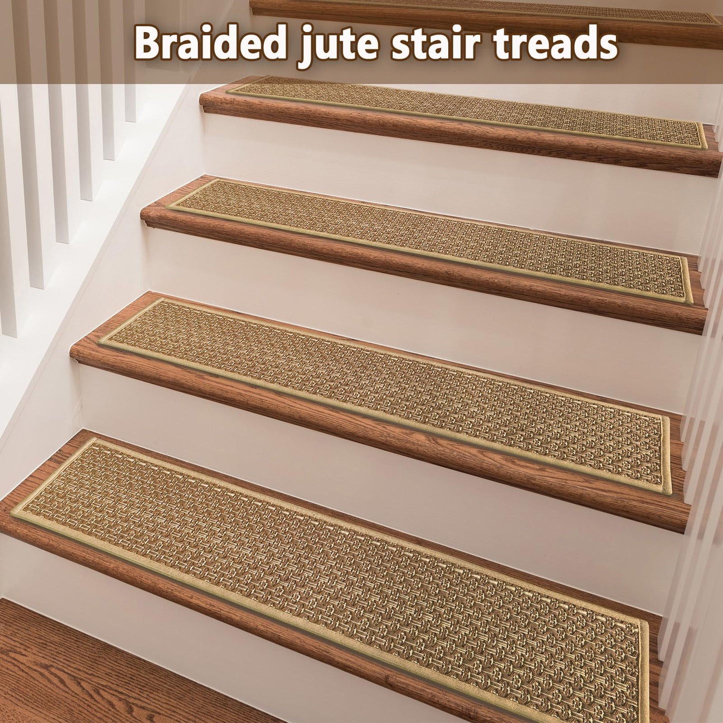 Braided Stair Treads Faux Jute,Non-Slip Stair Runners for Wooden Steps,Indoor,Farmhouse,15PCS 30"x8",Neutral Peel and Stick Stairs Carpet for Kids,Elders and Dogs,Stair Covers,Tan Brown