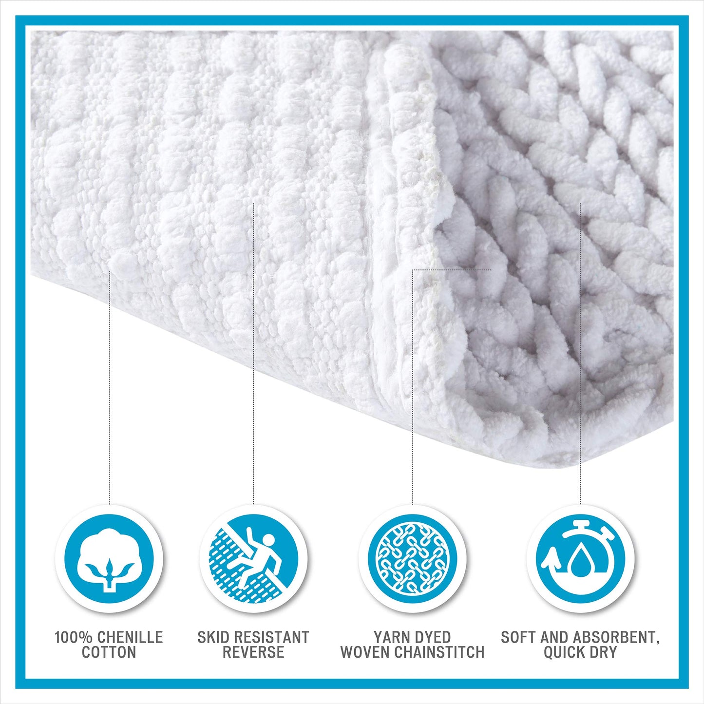 Madison Park Lasso 100% Cotton Chenille Chain Woven Stitch Bathroom Rug - Non Slip - Absorbent, Quick Dry Bath Mat, 17x24, White