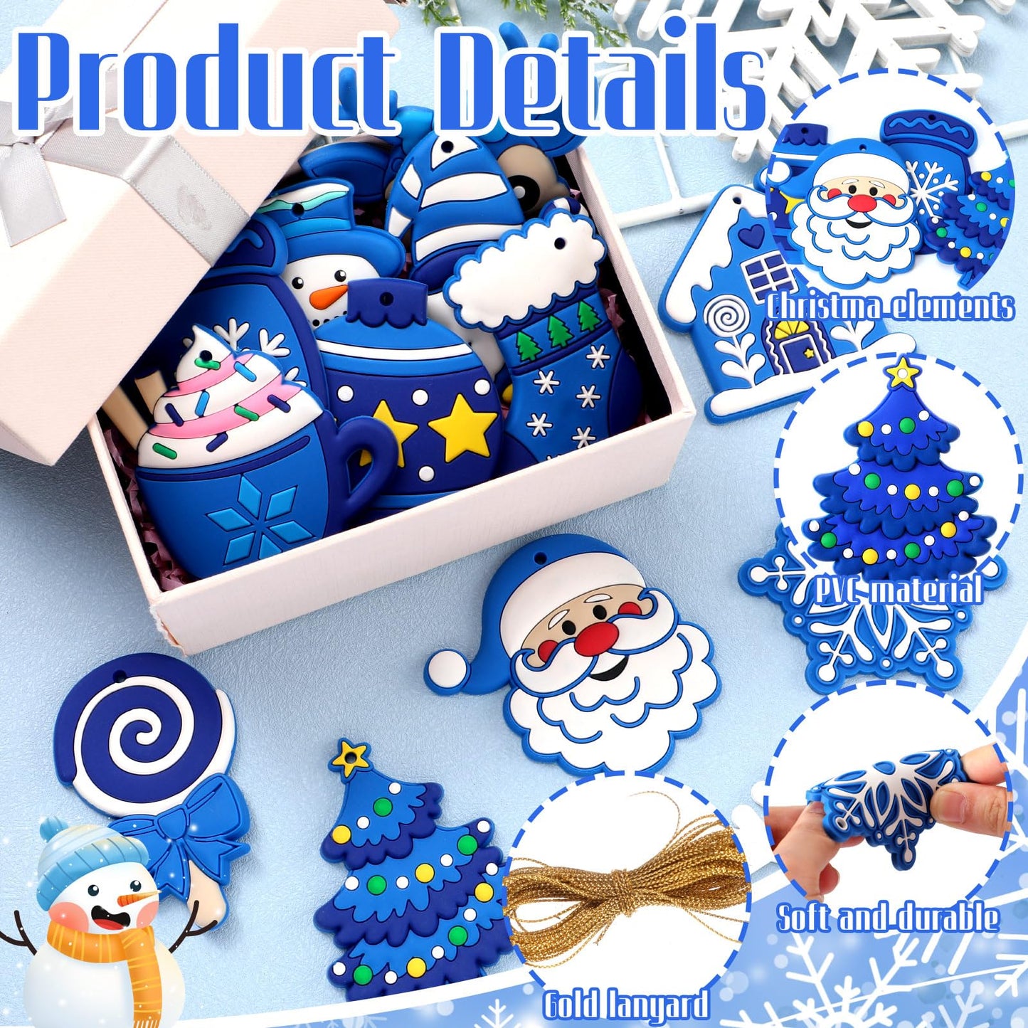 Lunmon 24 Pcs Blue Winter Ornaments PVC Snowman Tree Ornaments Gingerbread House Gnomes Ornament Blue Winter Decorations for Xmas Tree Party Holiday Decor