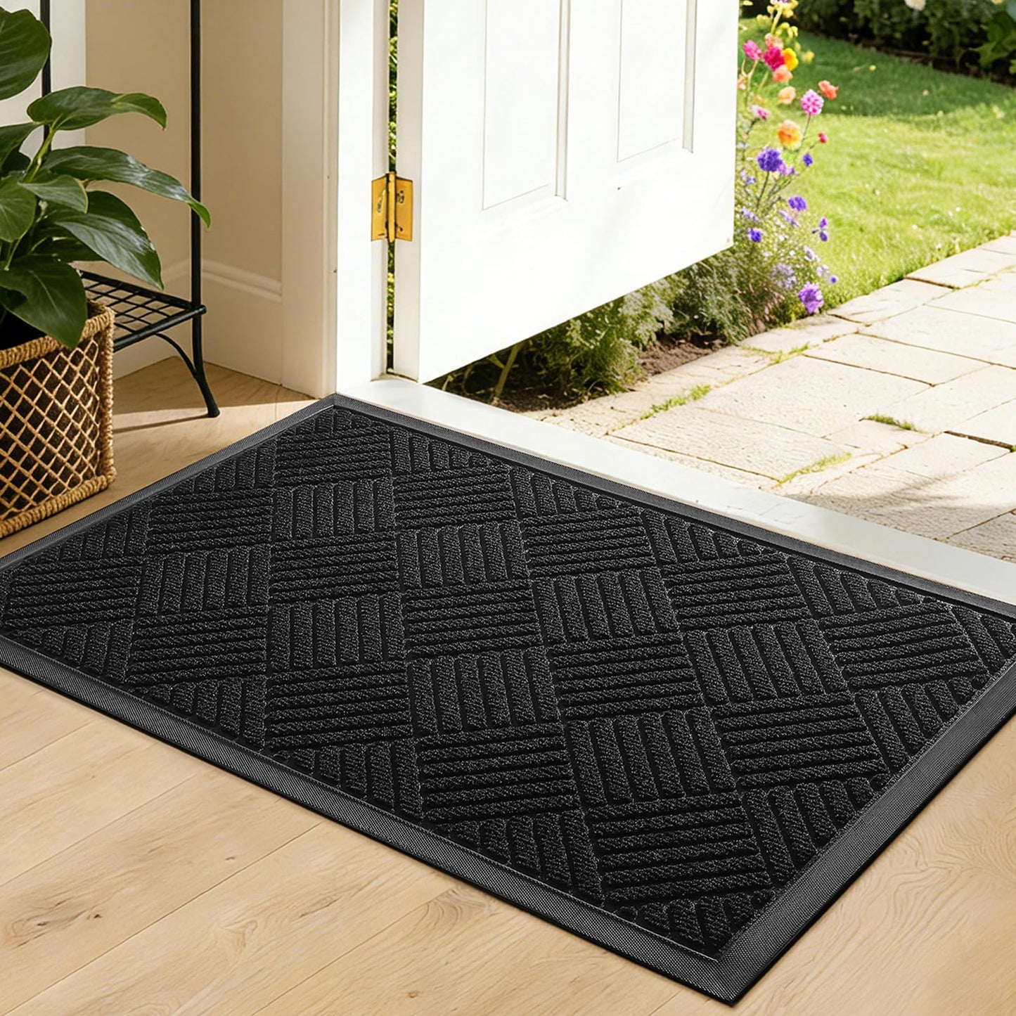 WELDUN Front Door Mat, Heavy Duty Waterproof Rubber Doormat for Indoor Outdoor, Non-Slip Low Profile Dirt Trapper Absorbent Mat for Entryway, Stain Fade Resistant Easy Clean 35.5"x24", Black