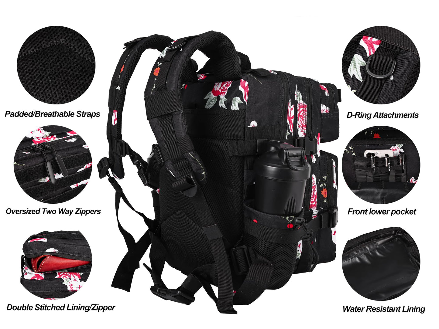 LHI Tactical Military Backpack for Men and Women 25L Army Assault Pack Bag Large Rucksack with Molle System-Flower