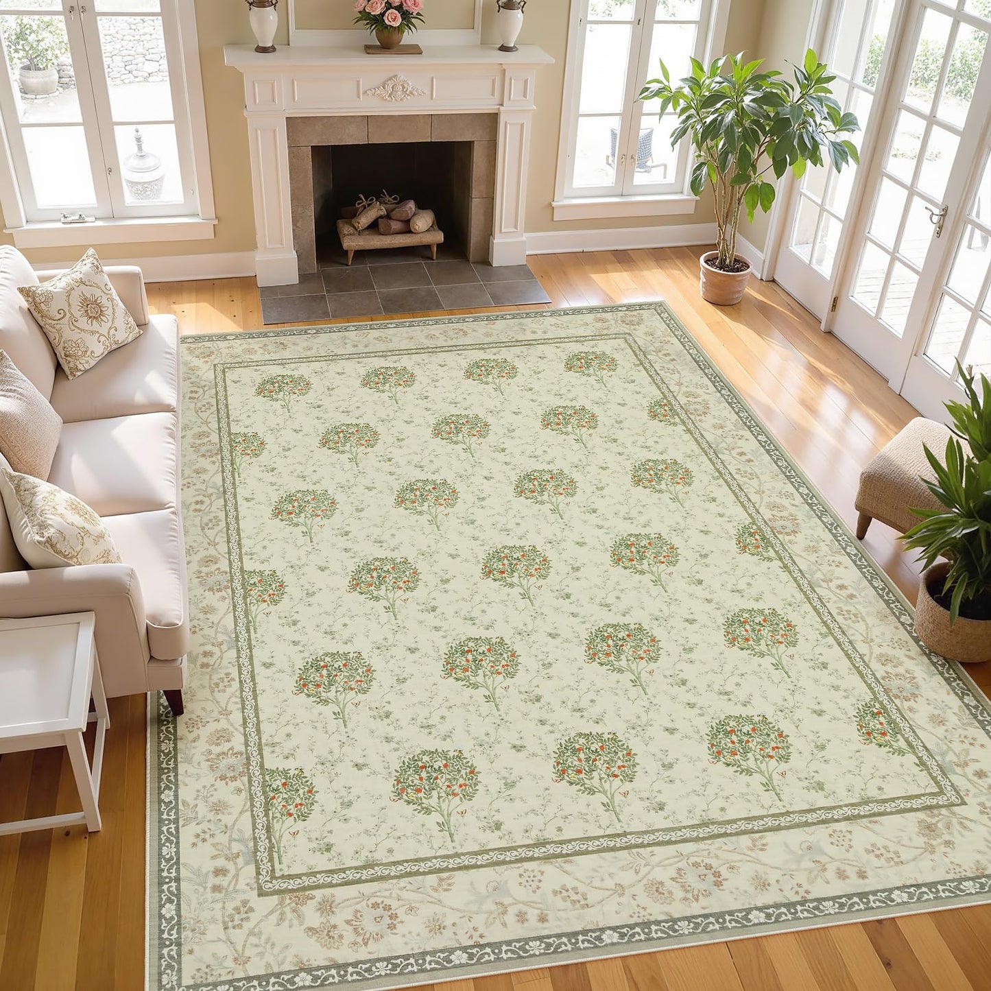 Joydeco Boho Floral Large Rugs for Living Room Nursery, Washable Beige Kids Bedroom Rug 8x10 Under Bed, Botanical Non Slip Throw Carpet for Playroom Kids Dining Room Dorm Classroom, Beige