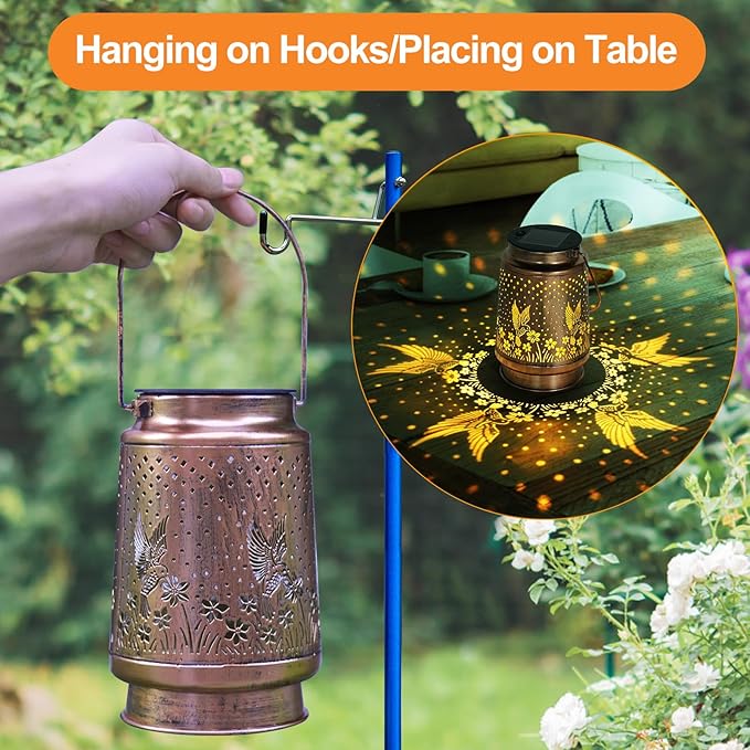 Hummingbird Solar Lantern - Waterproof Hanging Lantern, Metal Solar Lights for Outdoor Use on Yard, Patio, Lawn, Tabletop, Landscape, Garden Decor, Gifts for Mom, Grandma, Women
