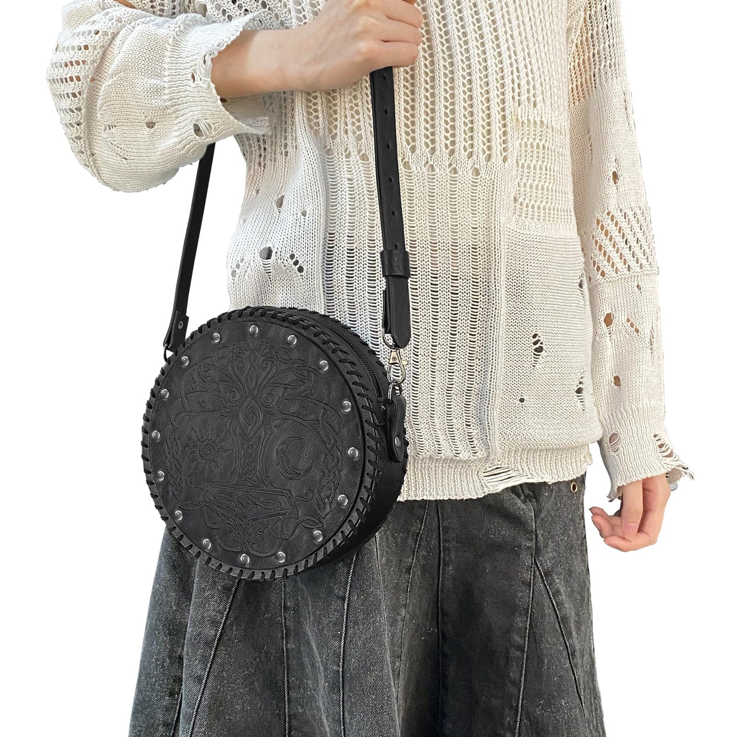 HiiFeuer Viking Embossed Crossbody Bag, Nordic Faux Leather Belt Bag Satchel Bag, Medieval Portable Cosplay Shoulder Bag (Black B)