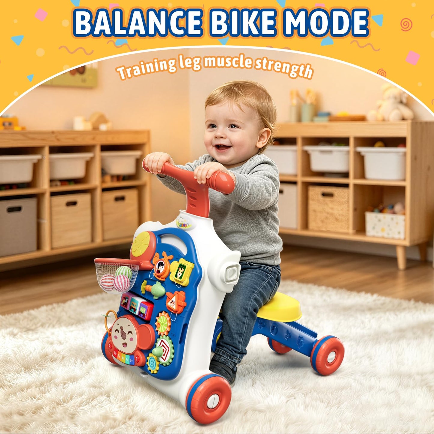 HYES 5 in 1 Baby Push Walker for Baby Boy, Activity Center Learning to Walk, Sit to Stand, Early Learning Push Toys for Infant 12 Months, Walking Toys Gift for Toddler Boys, Blue
