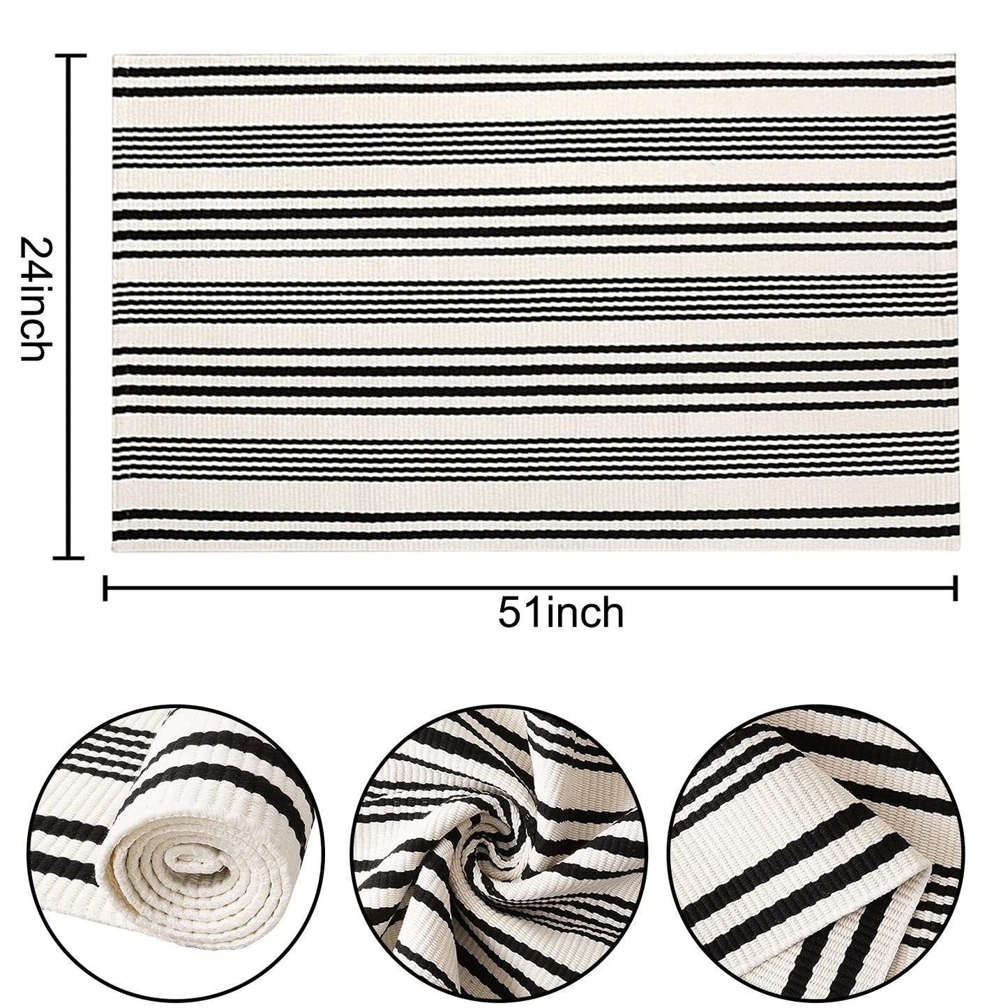 Black and White Striped Outdoor Rug 24'' x 51''Farmhouse Front Porch Rug Hand-Woven Machine Washable Layered Door Mats for Entryway/Bedroom/Patio/Porch Decor
