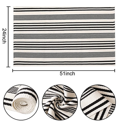 Black and White Striped Outdoor Rug 24'' x 51''Farmhouse Front Porch Rug Hand-Woven Machine Washable Layered Door Mats for Entryway/Bedroom/Patio/Porch Decor