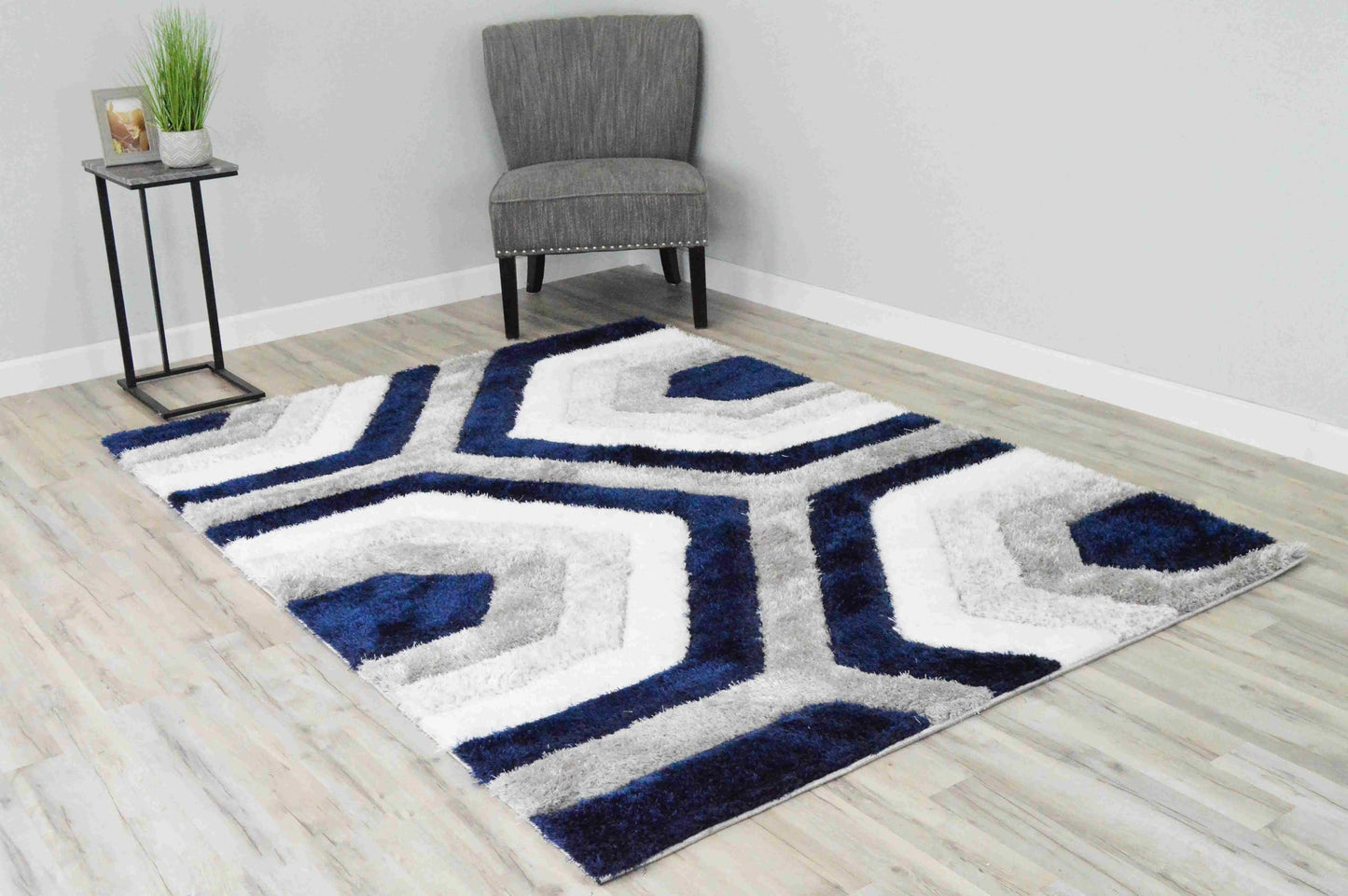 Modern Fluffy Plush Shag Shaggy Rug Hand Carved Thick Soft Geometric Abstract Carpet Vibrant Colors for Living Room Bedroom Office Design 6485 (Navy, 5'2"x7'5")