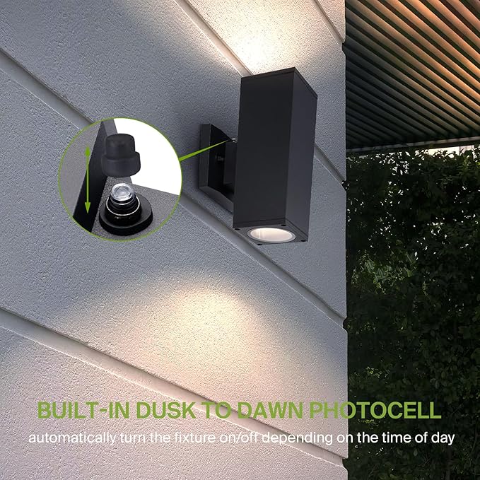 ASD 2 Light Square Dusk to Dawn Outdoor Wall Light Fixture | 120W E26 Bulb Socket 120V ETL Cylinder Up Down Lights | LED/CFL/Incandescent Bulb Wall Sconce | Front Door, Porch, Patio | Black, 2 Pack