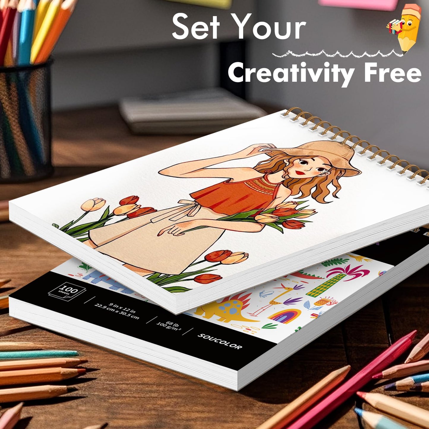 Soucolor 9" x 12" Sketch Book, 100 Sheets Spiral Bound Art Sketchbook, Acid Free Artist Drawing Book Paper, Art Supplies for Adults, Craft Activities, Sketch Paper for Drawing Coloring Sketching