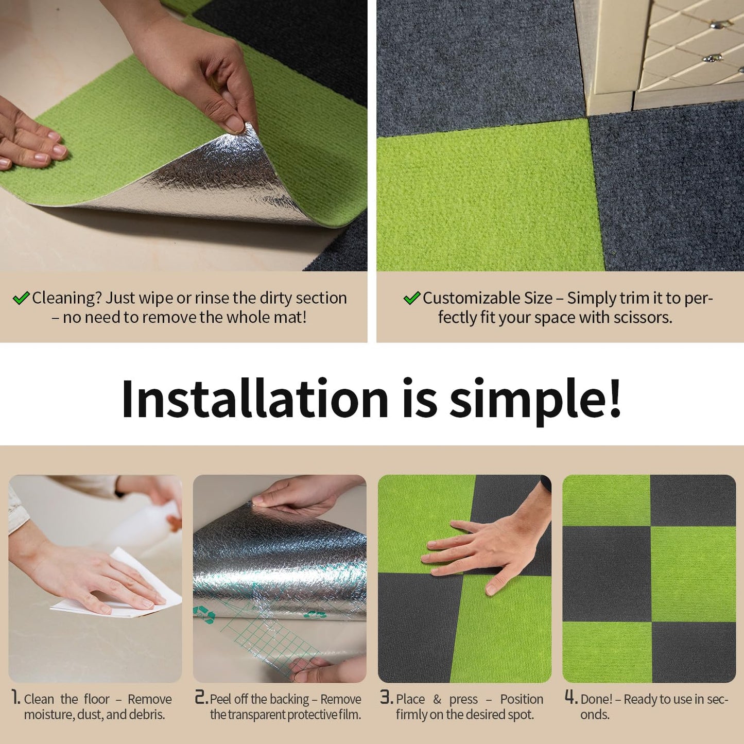 AKIVIDA Carpet Tiles Peel and Stick 24”x 24” Carpet Squares 12Pcs Non-Slip Self Adhesive Floor Tile DIY Reusable Waterproof Carpet for Gym Garage Tiles Green