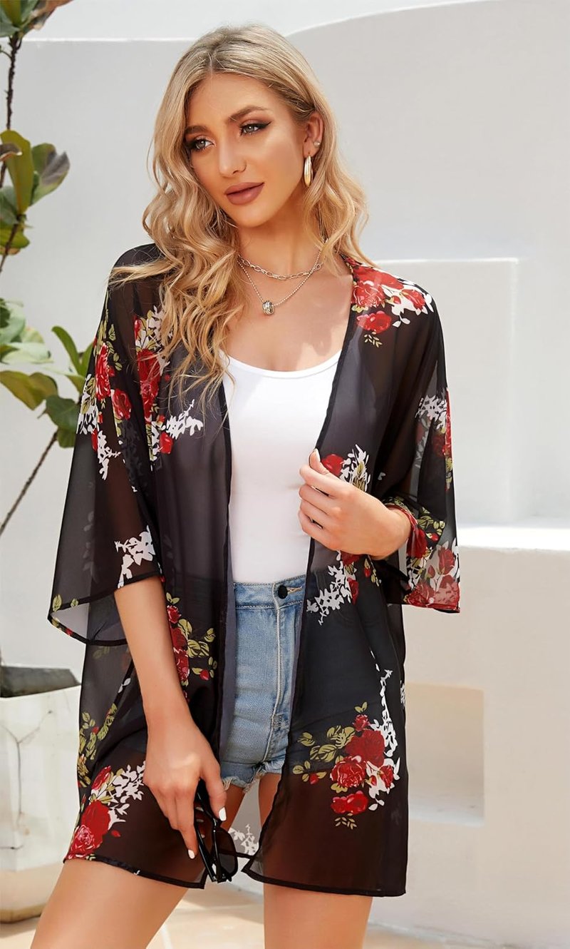 Floral Print Puff Sleeve Kimono Cardigan - Casual Loose Blouse Top for Women | 2026 Style