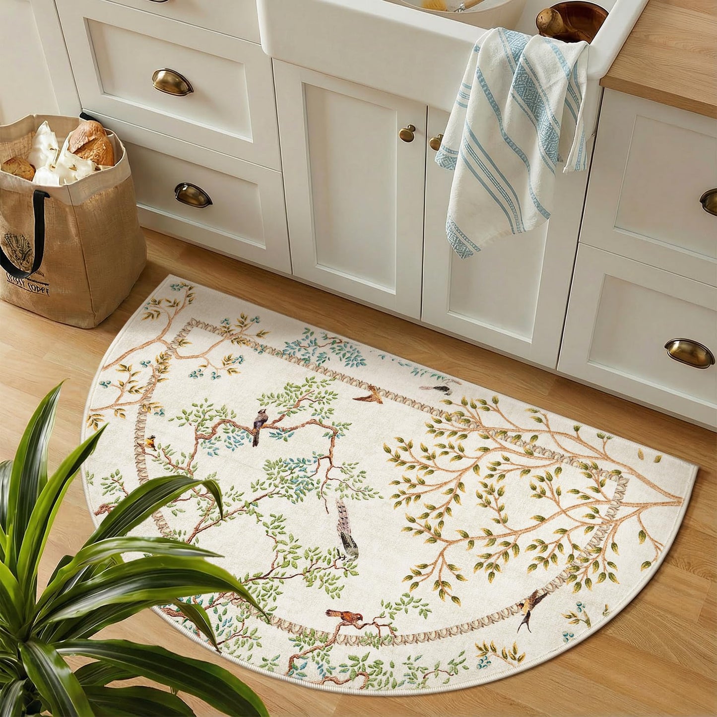 jinchan Yarden Washable Small Area Rug, 2x3 Half Circle Nature Plants Entryway Rug, Low Pile Doormat Soft Non Slip Dirt Trapping Carpet for High Traffic Kitchen Bathroom Vanity, Natural Ivory