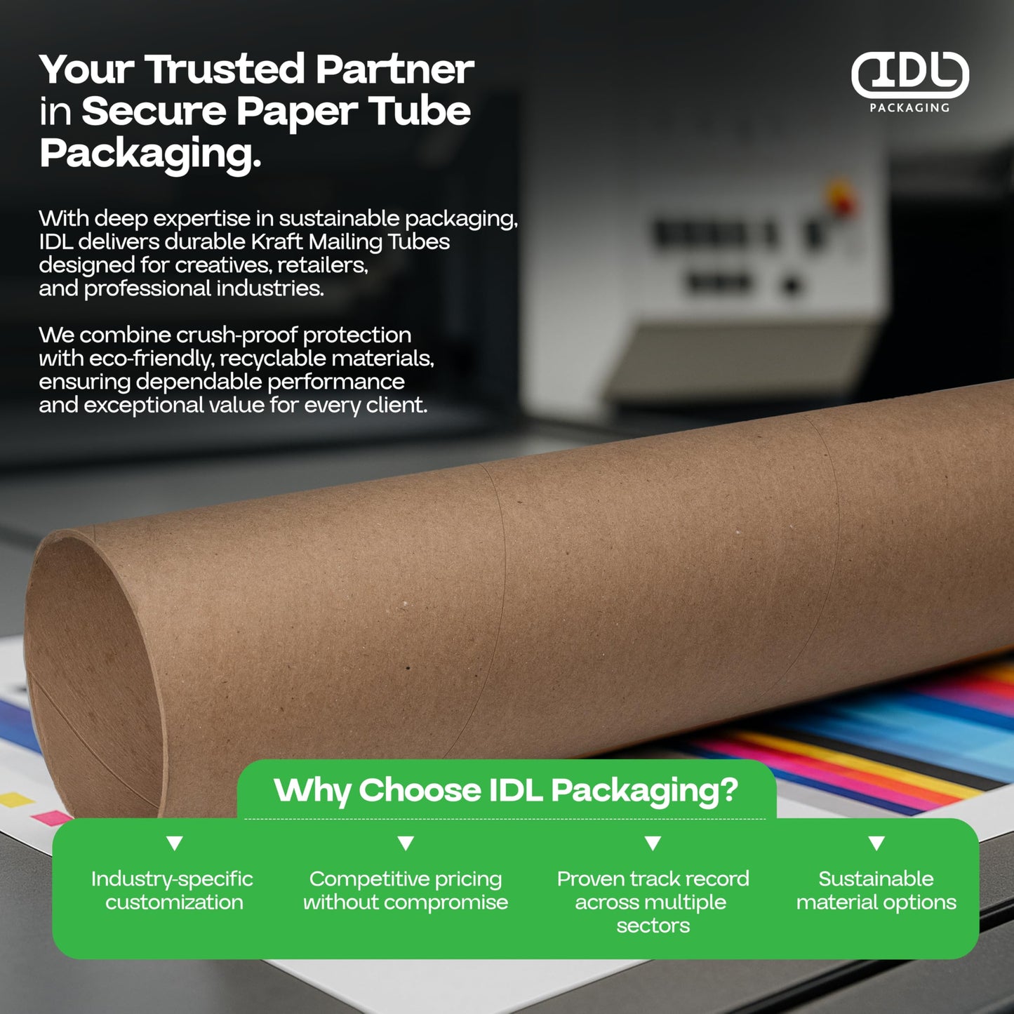 Cardboard Mailing Tube, 4" x 36" with Plastic Caps - USA-Made USPS Approved Poster Tube for Documents & Blueprints - Reinforced Mailing Cylinders for Shipping & Storage by IDL Packaging