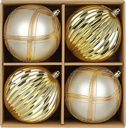 4.7" Large Plastic Christmas Balls Ornaments Set of 4, Glitter Shatterproof Christmas Bulbs Ornaments for Xmas Tree Decorations, Gold and Silver Ornament for Tree, Mantel, Winter, Holiday Party Decor