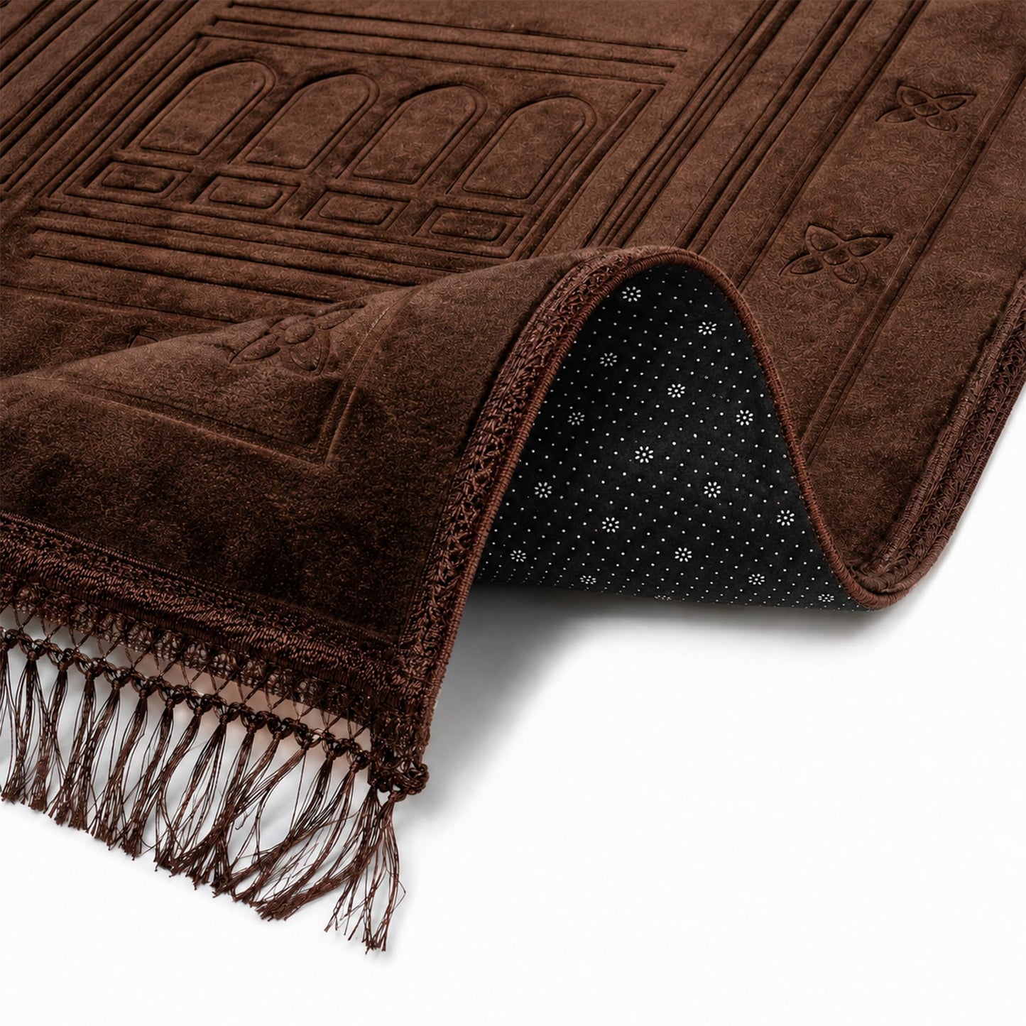BARQENOR Brown Muslim Prayer Rug Soft Velvet Islamic Sajadah Prayer Mat with Tassels 31.5 x 47.2 in