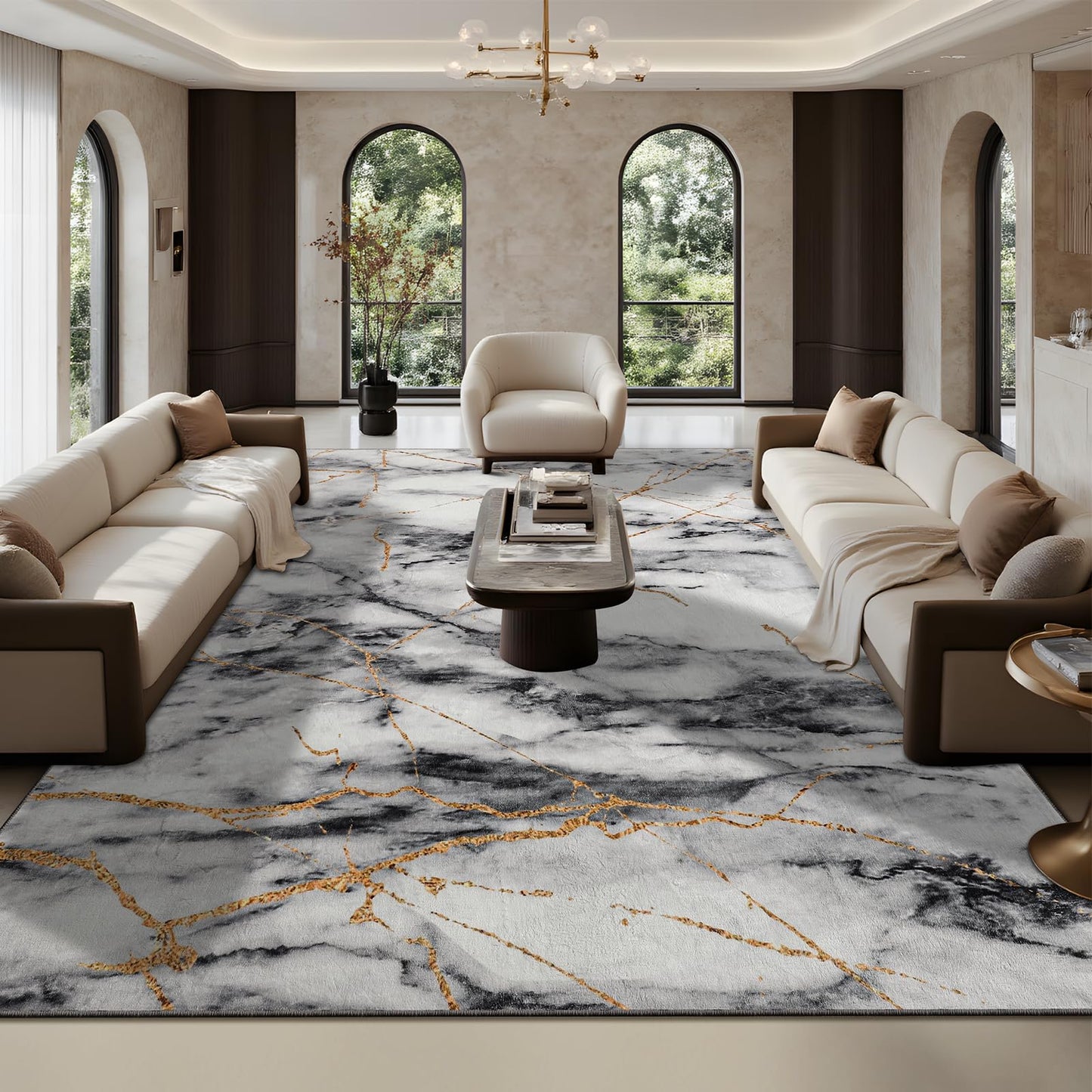 CRYPTOLITE Area Rugs 9x12 Rug for Living Room Abstract Washable Rug with Non-Slip Backing Low Pile Area Rugs for Bedroom, Dining Room, Gold&Grey