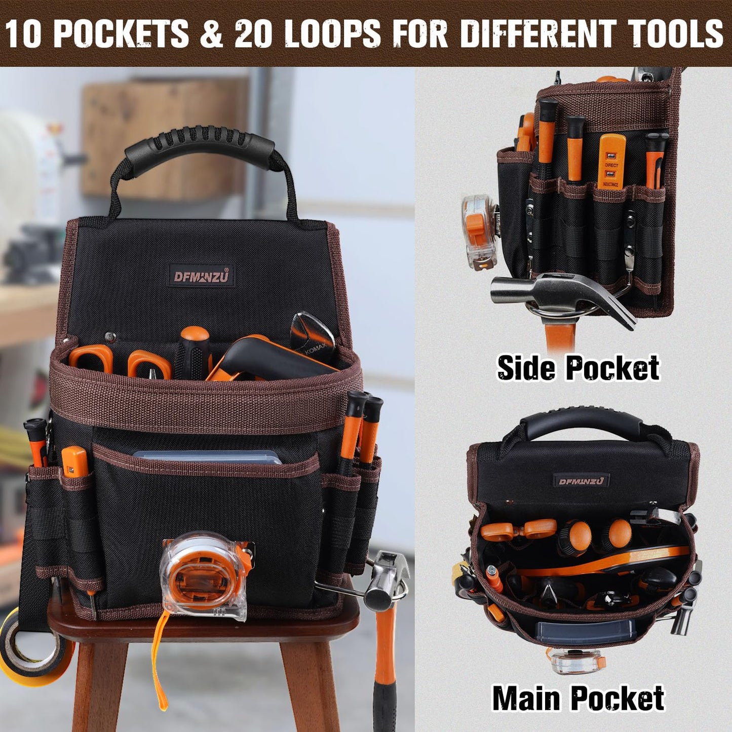 Electrician Tool Pouch, 10 Pockets Tool Belt Pouches with Hammer Holder, Adjustable Small Tool Pouch with Belt for Carpenter Construction Technician Plumber HVAC