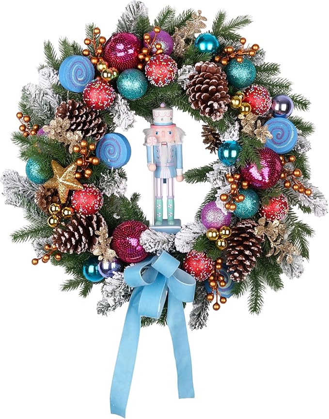 Pre-lit Christmas Wreath 28 Inch, Christmas Nutcracker Wreath Decoration for Home Front Door Porch Wall Winter Xmas Holiday Decor