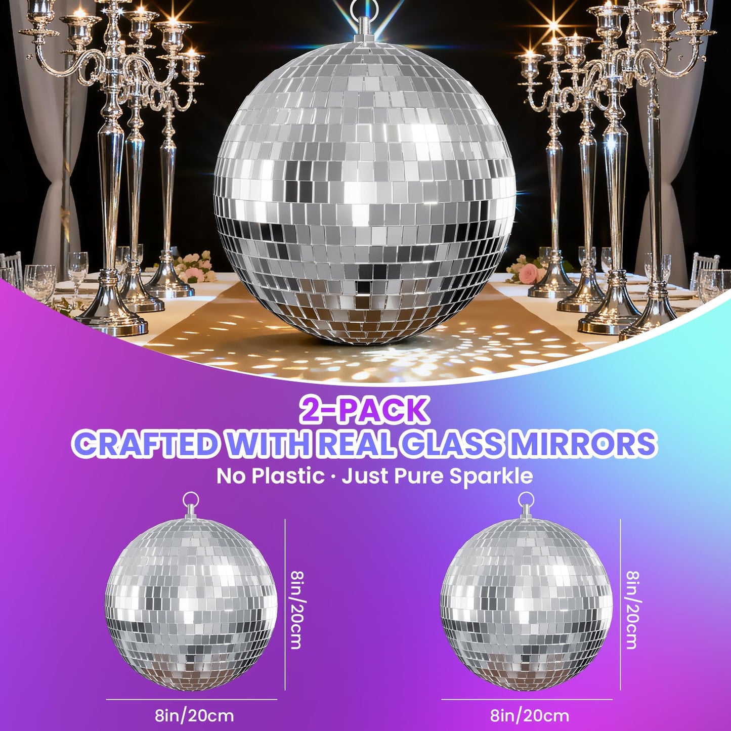 Youdepot 8-Inch Disco Ball 2-Pack – Silver Hanging Mirror Ball with String, Reflective Disco Ball Decorations for Weddings, Birthdays, Classrooms, Home, DIY, Indoor & Outdoor Events