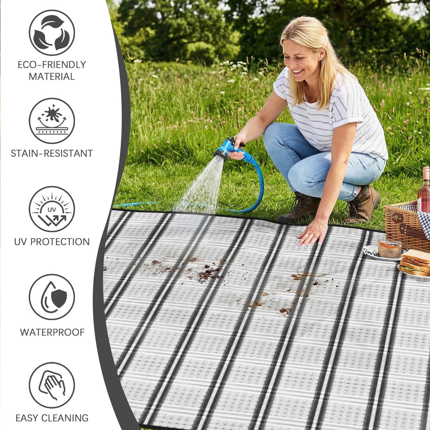 KANAGAWA Outdoor Rug Waterproof, 5x8 ft Reversible Plastic Straw Braid Rug Outdoor Carpet RV Mat for Patio, Porch, Picnic, Balcony, Deck, Backyard, Blue & White