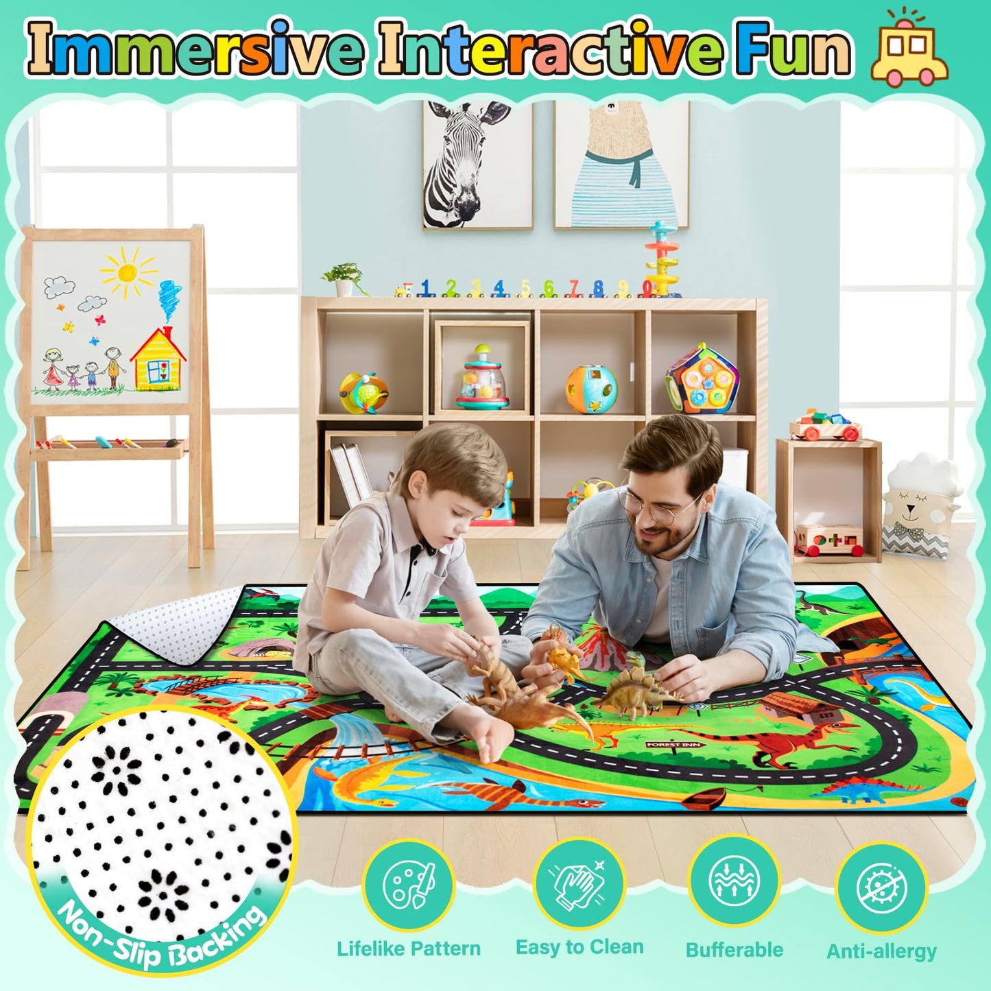 Diysani Kids Rug, Car Carpet for Kids' Toy Cars, 5x7 Ft Dinosaur Rug, Dino Safari Road Mat for Playroom, Educational Learning & Game Area Playmat Carpet for Children