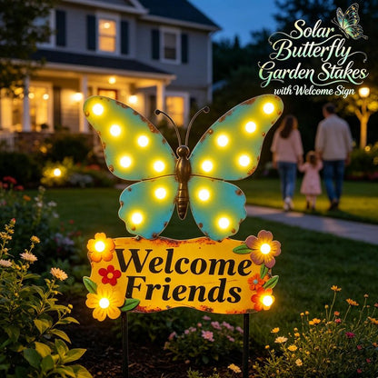 Decorative Garden Stakes Large 45" with 18 Bulbs Solar String Lights Outdoor Waterproof, Butterfly Solar Lights for Outside with Welcome Friends Garden Sign for Yard, Patio, Pathway