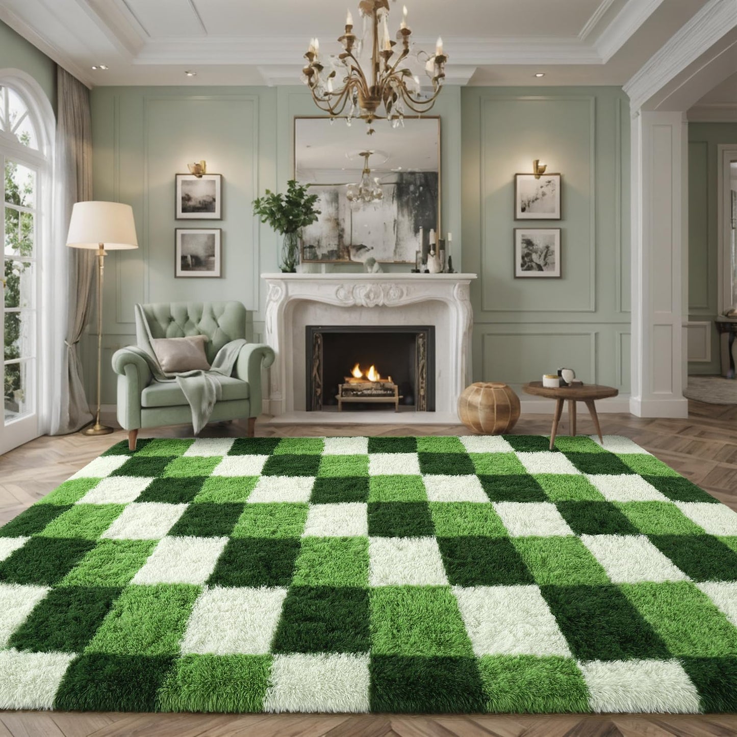 Nuttumico Modern Checkerboard Rug for Living Room Bedroom, 4x6 Ft Green Checkered Fluffy Carpet, Thickened Memory-Foam Area Rug for Kids Nursery Dorm, Home Decor, Anti-Slip and Easy to Clean