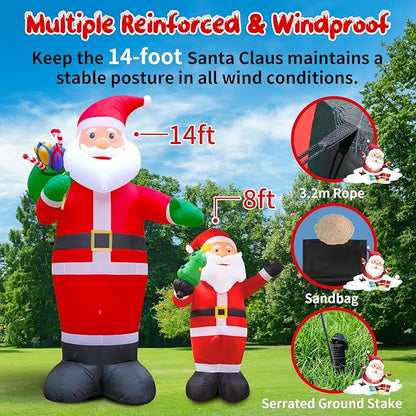 14FT Christmas Inflatable Santa Claus Outdoor Blow Up Yard Decorations,Giant Outside Standing Waterproof Smiling Santa Claus with Gift Bags,Built-in LEDs for Xmas Holiday Party Yard Garden Lawn Decor