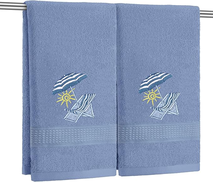 2 Pcs Beach Chair Hand Towels Slate Blue Bathroom Decor 14x29 Inch Embroidered