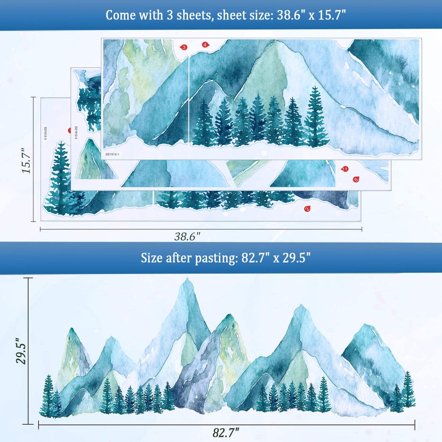 Large Mountain Wall Decals, Blue Pine Tree Peel and Stick Vinyl Wall Stickers & Murals, Removable Home Room Wall Decor for Bedroom Living Room Bedroom Classroom Office Nursery